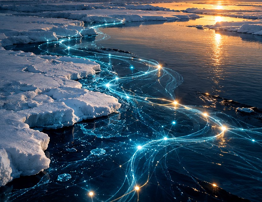 Artistic visualization of Arctic landfast ice meeting open ocean. Luminous connections flow through the water like signals between neurons.